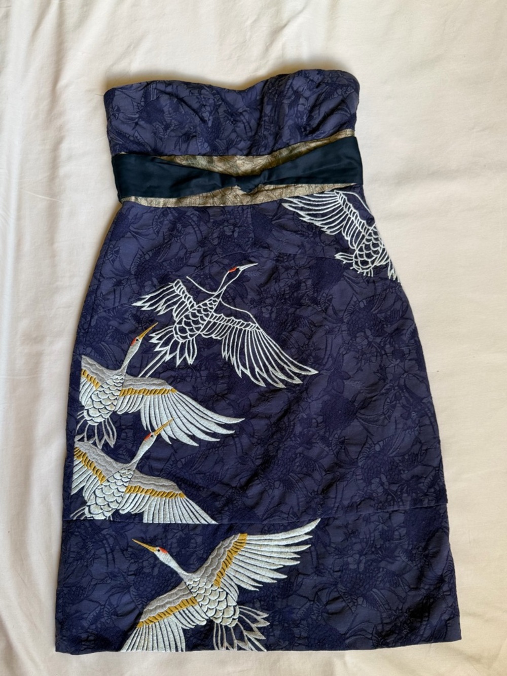 Floreat Anthropologie Strapless Embroidered Print Mini Dress Japanese Birds
